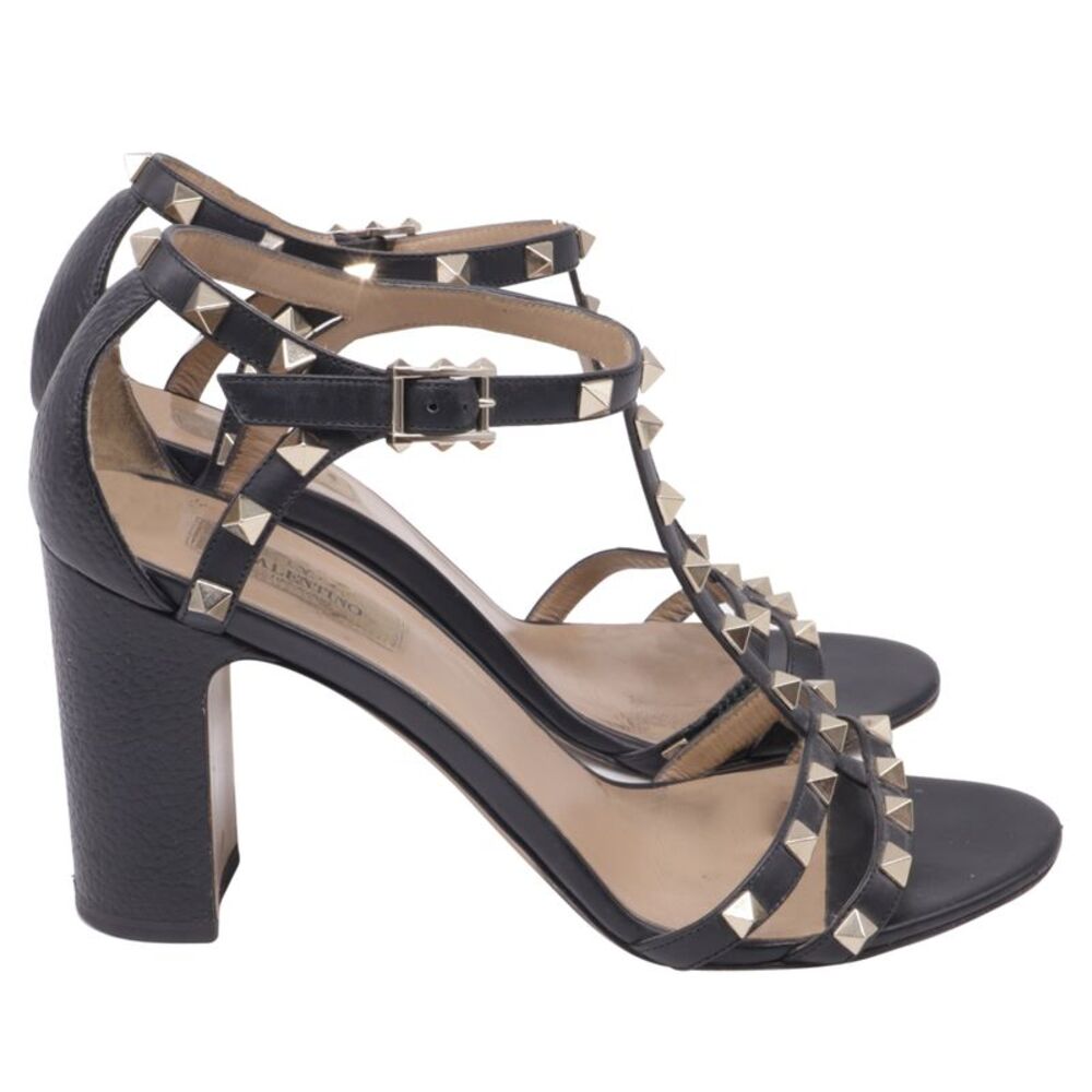 Valentino Garavani Rockstud T-Strap Sandal Heels in Black Leather